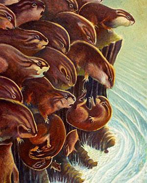 Un dipinto con Lemmings che si suicidano