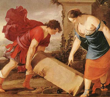 Teseo solleva la pietra e trova la spada e i sandali del padre