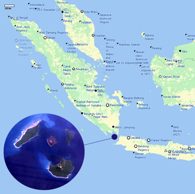 La posizione del vulcano Krakatoa nel 2012