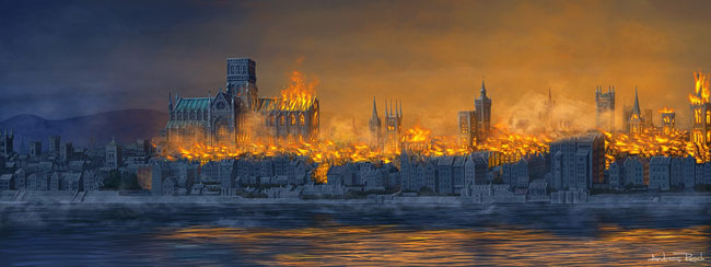 Un dipinto raffigurante il grande incendio di Londra del 1666
