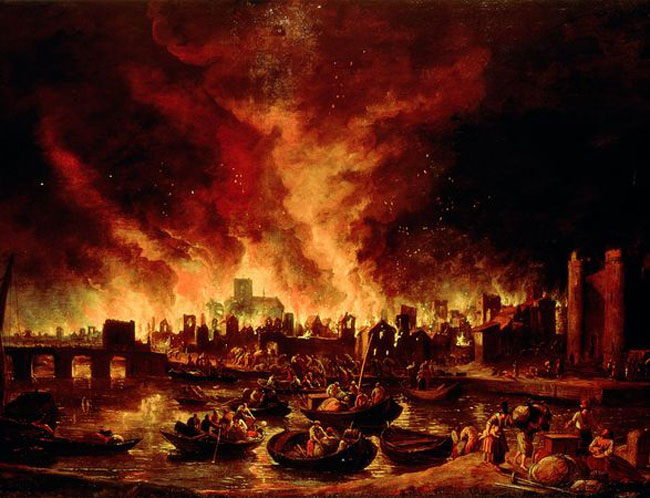 Un dipinto raffigurante il grande incendio di Londra del 1666