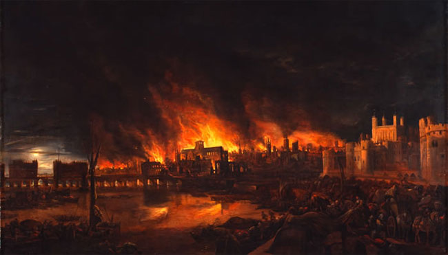 Un dipinto raffigurante il grande incendio di Londra del 1666