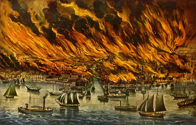 Un dipinto raffigurante il grande incendio di Londra del 1666