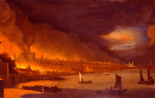 Un dipinto raffigurante il grande incendio di Londra del 1666