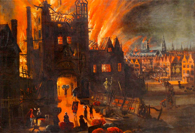 Un dipinto raffigurante il grande incendio di Londra del 1666