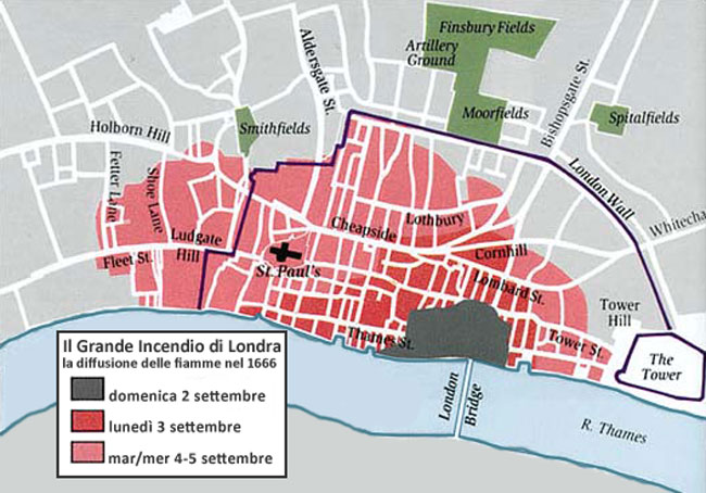 La diffusione delle fiamme del grande incendio di Londra del 1666