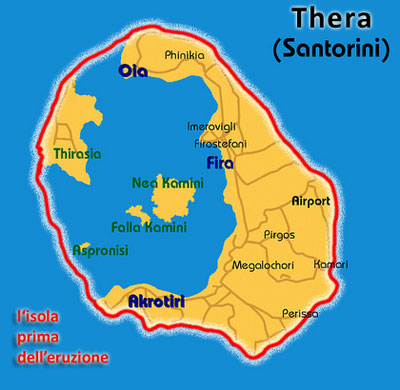 L'isola vulcano di Thera prima e dopo l'eruzione