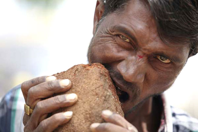 Una foto di Pakkirappa Hunagundi, l'uomo che mangia i mattoni