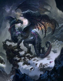 Un enorme drago purpureo tra le nevi di una montagna