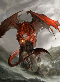 Un gigantesco drago rosso posato su un castello
