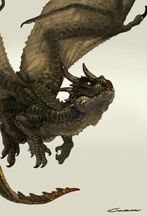 Un drago verde, in volo, pronto a buttarsi sulla preda Un drago verde, in volo, pronto a buttarsi sulla preda