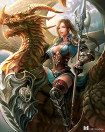 Una guerriera pronta alla battaglia in groppa al suo drago