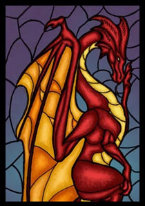 Una vetrata colorata raffigurante un drago rosso Una vetrata colorata raffigurante un drago rosso