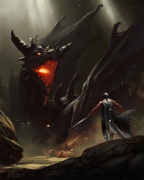 Un drago nero gigantesco e un guerriero con due spade Un drago nero gigantesco e un guerriero con due spade