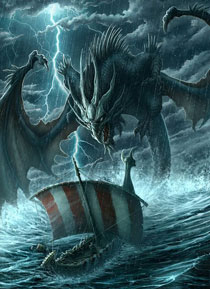 Un enorme drago attacca una nave durante una tempesta