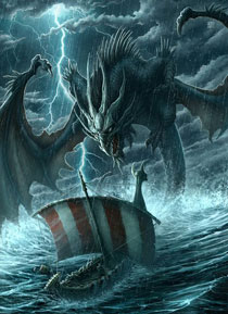 Un enorme drago attacca una nave durante una tempesta Un enorme drago attacca una nave durante una tempesta