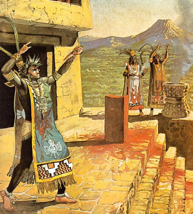 Sacerdoti aztechi che compiono sacrifici umani